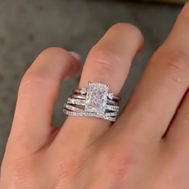 4PC 5.0Ct Radiant Cut Wedding Ring Set With Two Open Wedding Bands & One Criss Cross Wedding Bands