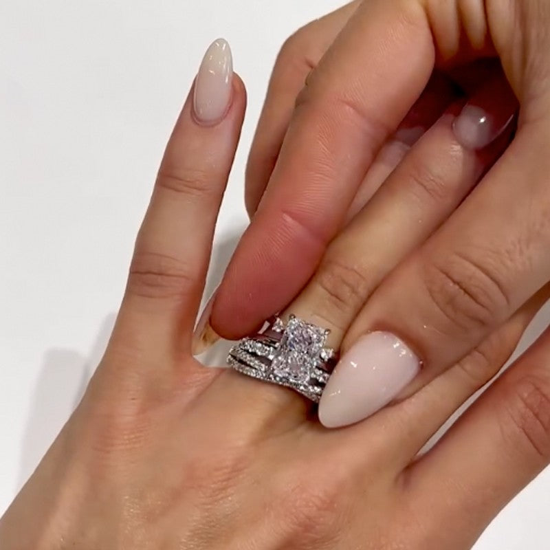 4PC 5.0Ct Radiant Cut Wedding Ring Set With Two Open Wedding Bands & One Criss Cross Wedding Bands