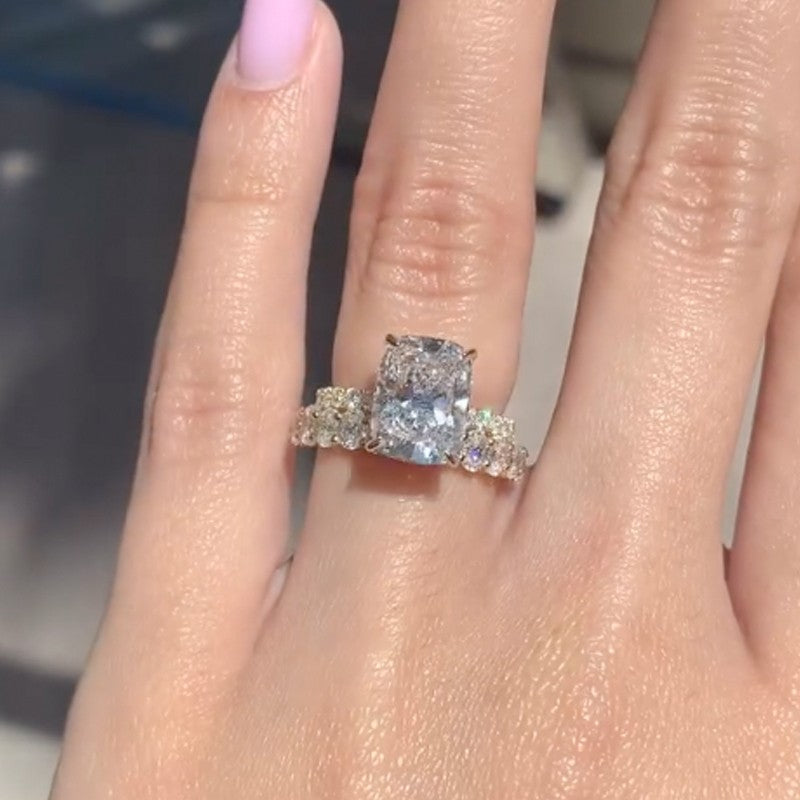 6.5Ct Elongated Cushion Cut Engagement Ring With Half Oval Cut Wedding Band