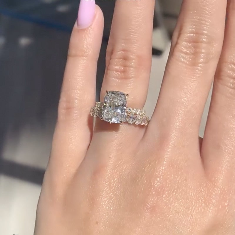 6.5Ct Elongated Cushion Cut Engagement Ring With Half Oval Cut Wedding Band