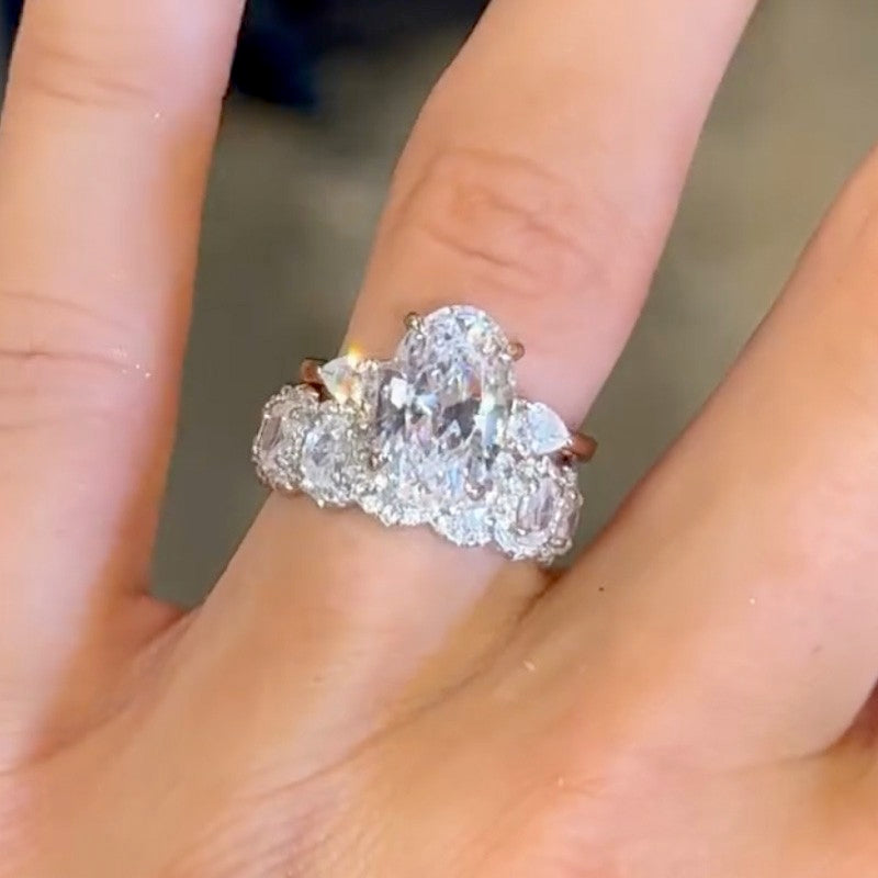 4.0Ct Oval Cut Three Stone Engagement Ring Travel Ring With Halo Oval Cut Wedding Band