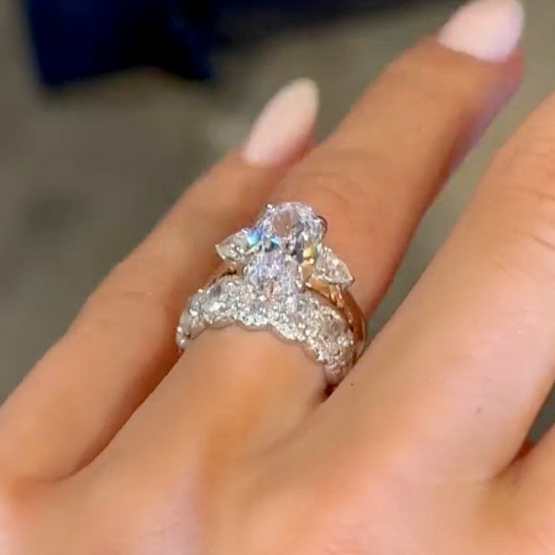 4.0Ct Oval Cut Three Stone Engagement Ring Travel Ring With Halo Oval Cut Wedding Band