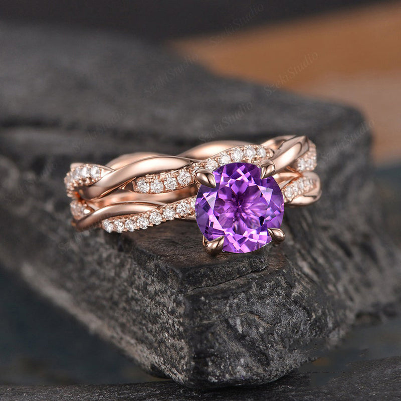 Rose Gold Twist Round Cut Amethyst Purple Wedding Set In Sterling Silver