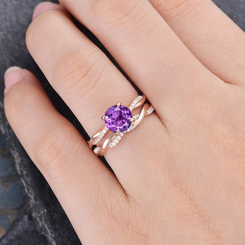 Rose Gold Twist Round Cut Amethyst Purple Wedding Set In Sterling Silver