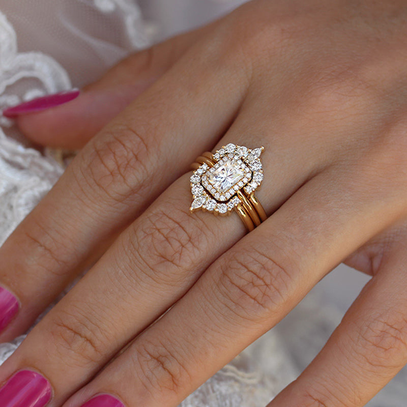 Luxurious Yellow Gold Halo Radiant Cut 3PC Wedding Set for Women In Sterling Silver