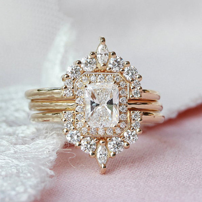 Luxurious Yellow Gold Halo Radiant Cut 3PC Wedding Set for Women In Sterling Silver