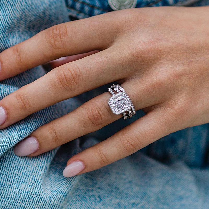Gorgeous Halo Radiant Cut 3PC Wedding Ring Set For Women In Sterling Silver
