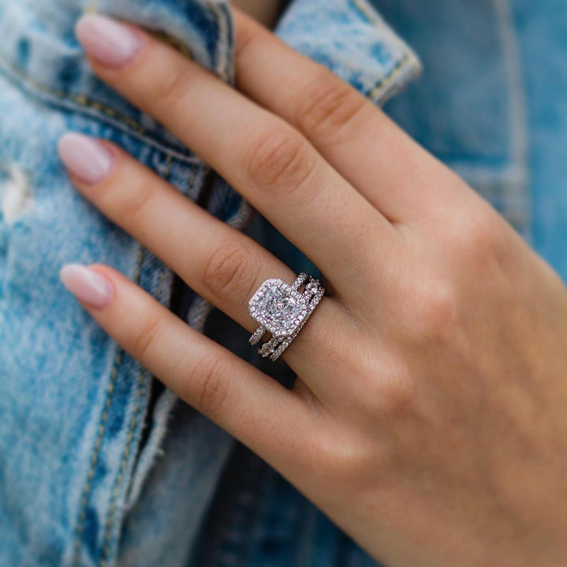 Gorgeous Halo Radiant Cut 3PC Wedding Ring Set For Women In Sterling Silver