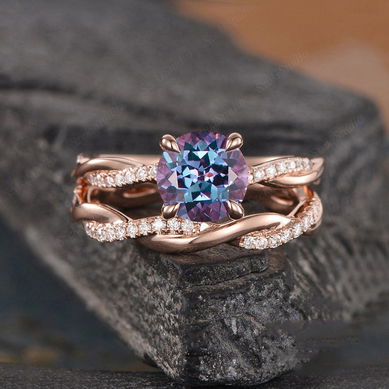 Rose Gold Twist Round Cut Alexandrite Wedding Set In Sterling Silver