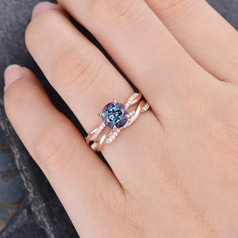 Rose Gold Twist Round Cut Alexandrite Wedding Set In Sterling Silver