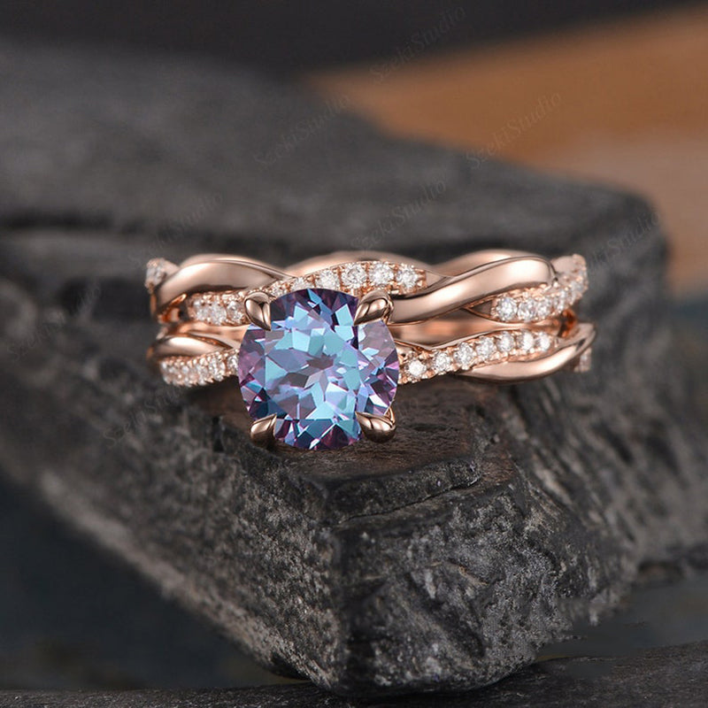 Rose Gold Twist Round Cut Alexandrite Wedding Set In Sterling Silver