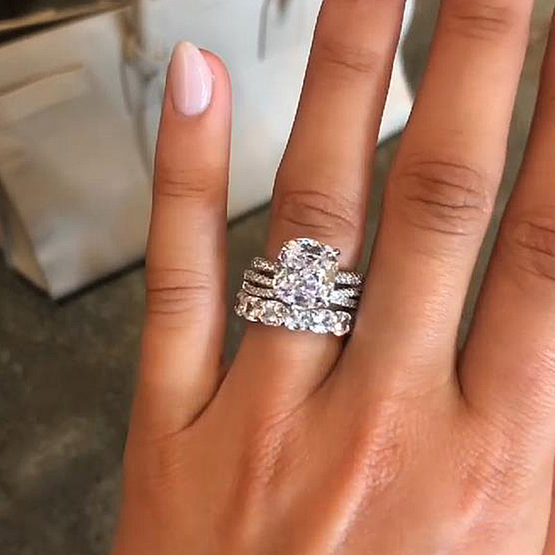 3PC 4.5 Carat Cushion Cut Wedding Ring Set With Criss Cross Wedding Band & Eternity Wedding Band