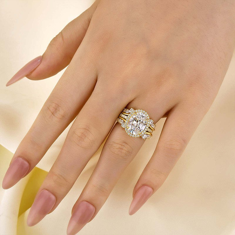 4.25Ct Halo Oval Cut Insert Wedding Ring Set With Vintage Jacket Wedding Band