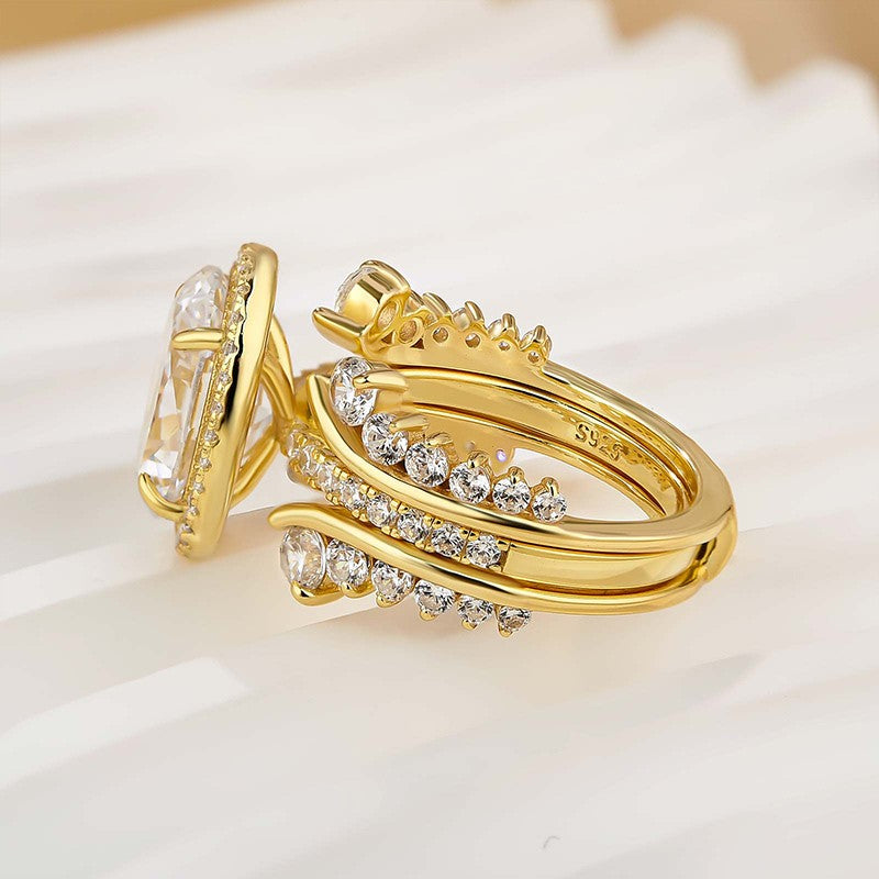 4.25Ct Halo Oval Cut Insert Wedding Ring Set With Vintage Jacket Wedding Band