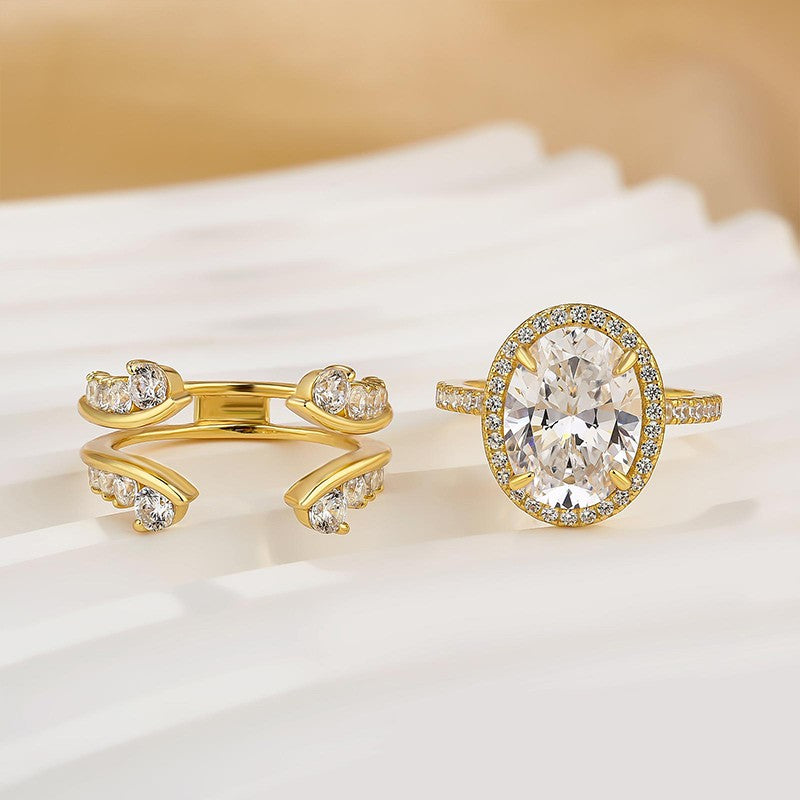 4.25Ct Halo Oval Cut Insert Wedding Ring Set With Vintage Jacket Wedding Band