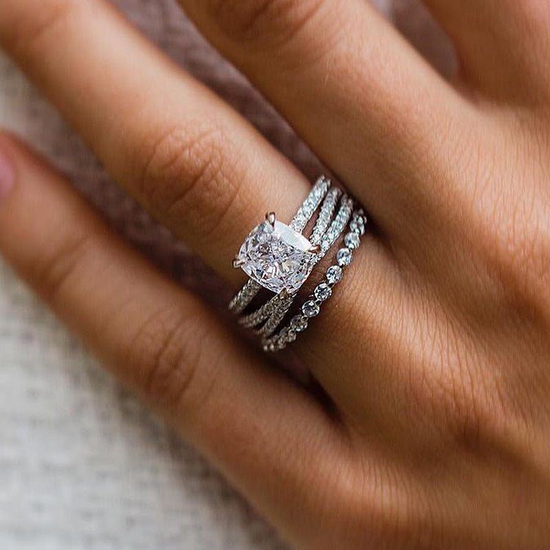 Stunning Cushion Cut 3PC Wedding Ring Set In Sterling Silver