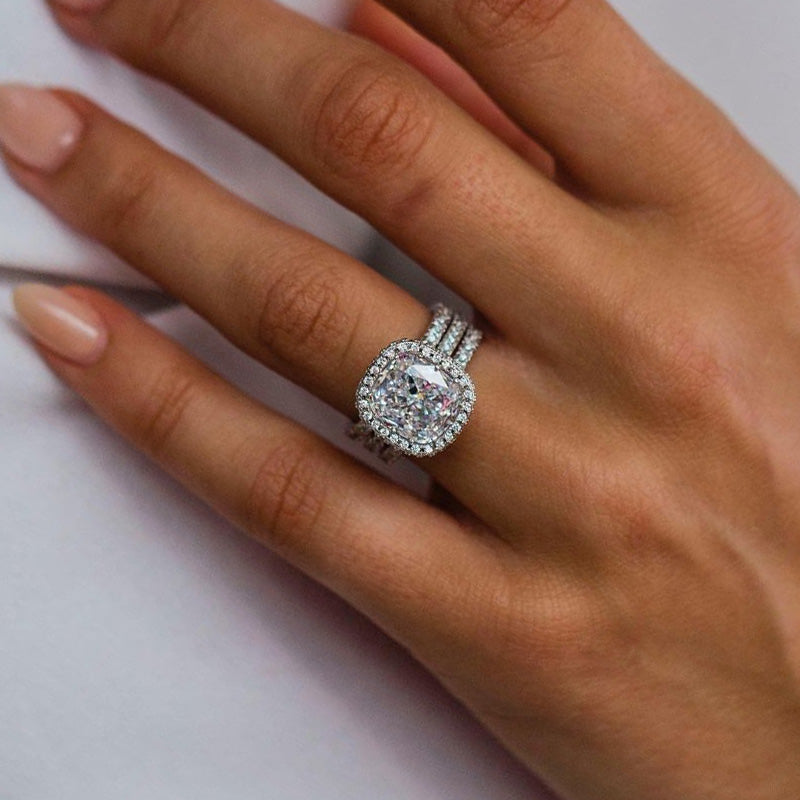 Elegant 3.0Ct Halo Cushion Cut 3PC Wedding Set In Sterling Silver