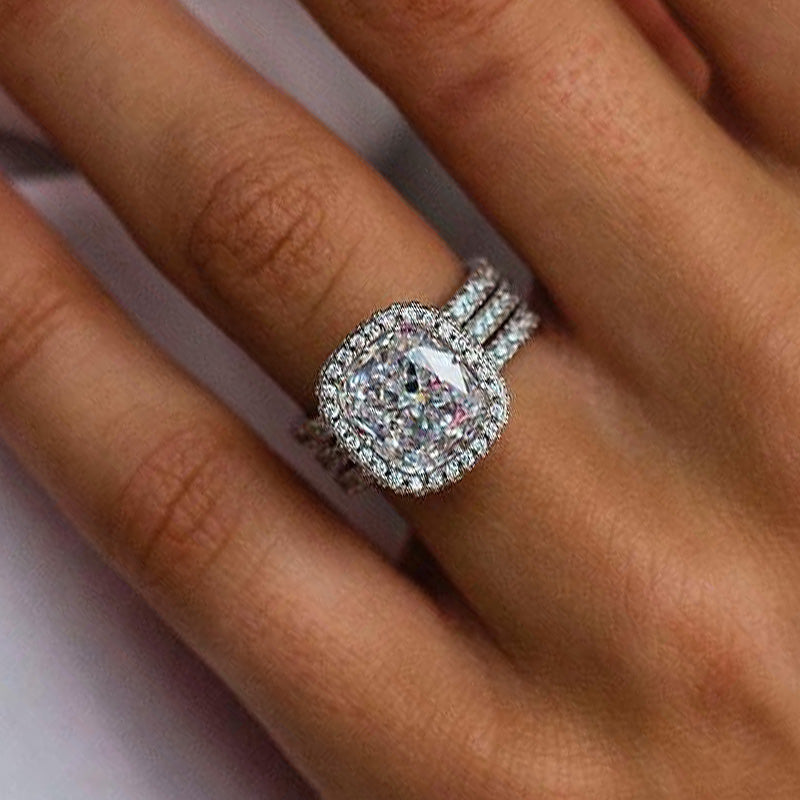 Elegant 3.0Ct Halo Cushion Cut 3PC Wedding Set In Sterling Silver