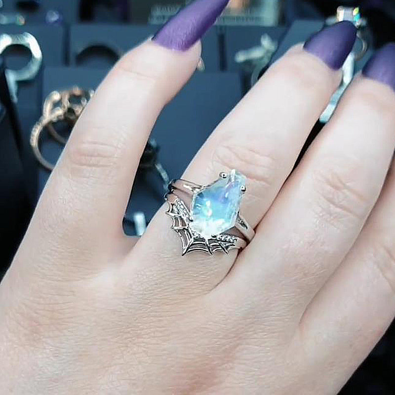 Moonstone Split Shank Coffin Cut Unique Wedding Ring Set