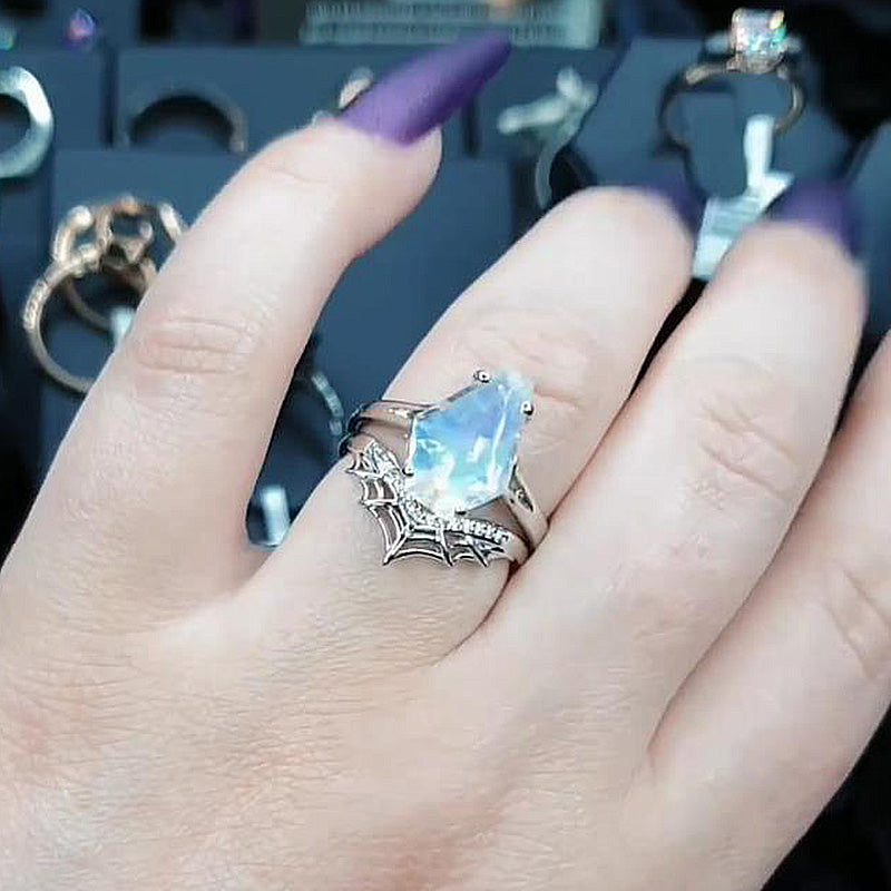 Moonstone Split Shank Coffin Cut Unique Wedding Ring Set