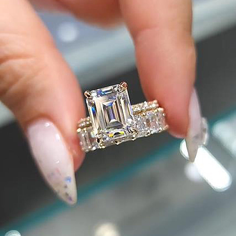 Ahabobo Emerald Cut Wedding Ring Set In Sterling Silver