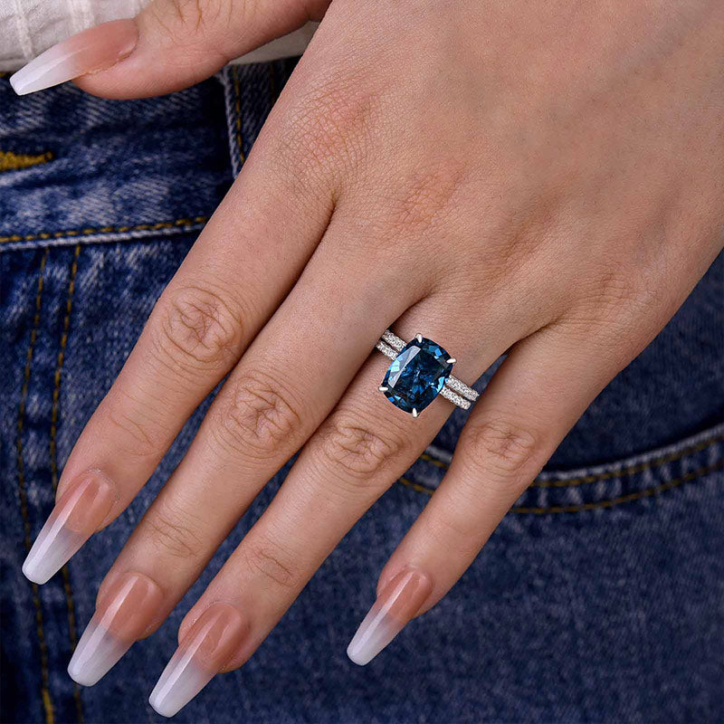 Montana Blue Sapphire Cushion Cut Stunning Wedding Set