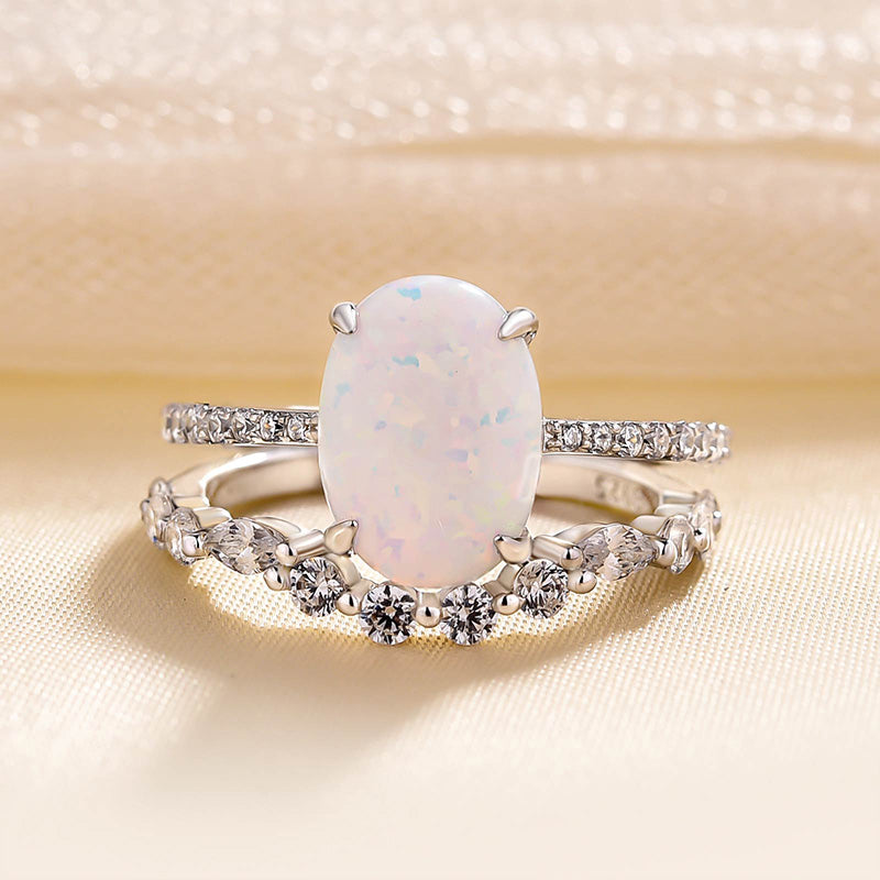 Unique Oval Cut Opal Stone Wedding Ring Set In Sterling Silver