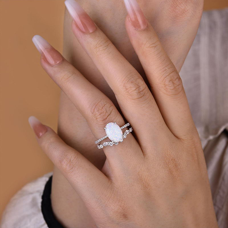 Unique Oval Cut Opal Stone Wedding Ring Set In Sterling Silver