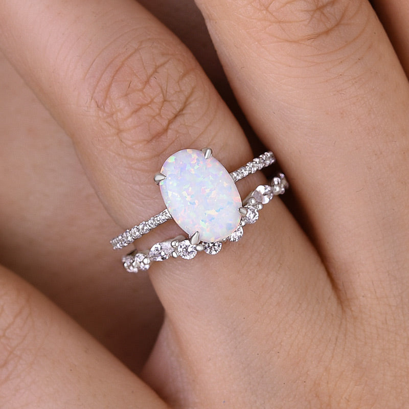 Unique Oval Cut Opal Stone Wedding Ring Set In Sterling Silver