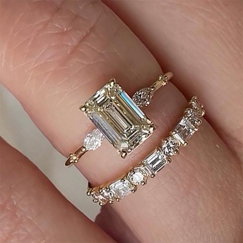 Exquisite Yellow Gold Emerald Cut Three Stone Wedding set For Women In Sterling Silver