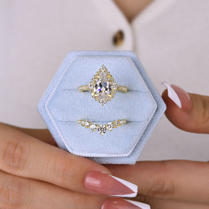 Elegant Rose Gold 2.2 Carat Halo Pear Cut Bridal Ring Set In Sterling Silver