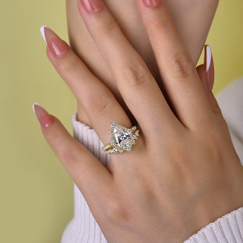 Elegant Rose Gold 2.2 Carat Halo Pear Cut Bridal Ring Set In Sterling Silver