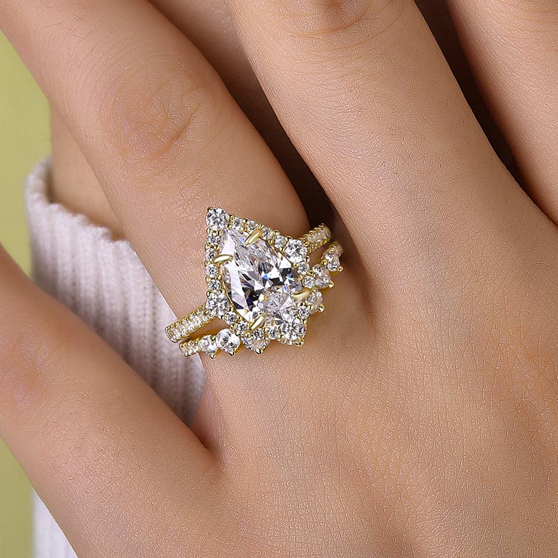 Elegant Rose Gold 2.2 Carat Halo Pear Cut Bridal Ring Set In Sterling Silver
