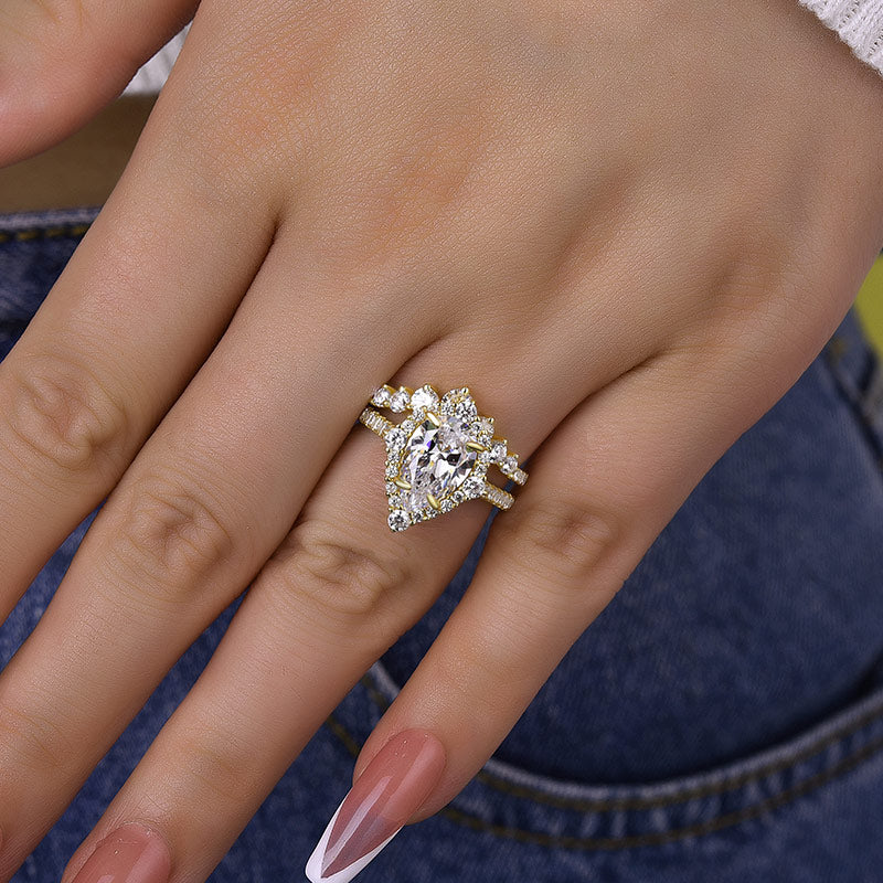 Elegant Rose Gold 2.2 Carat Halo Pear Cut Bridal Ring Set In Sterling Silver