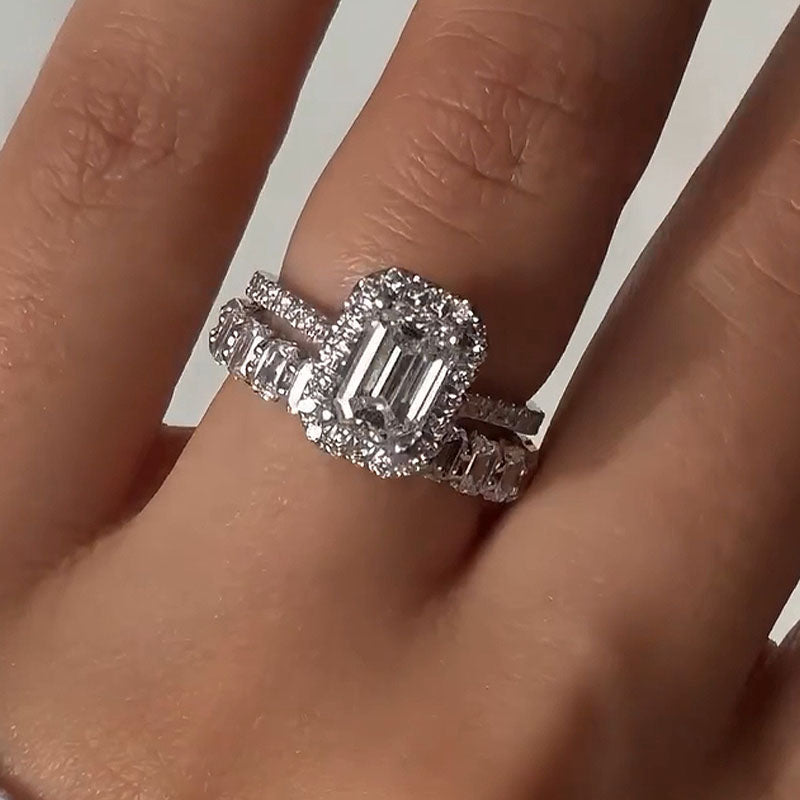 Ahabobo Noble Halo Emerald Cut Wedding Ring Set