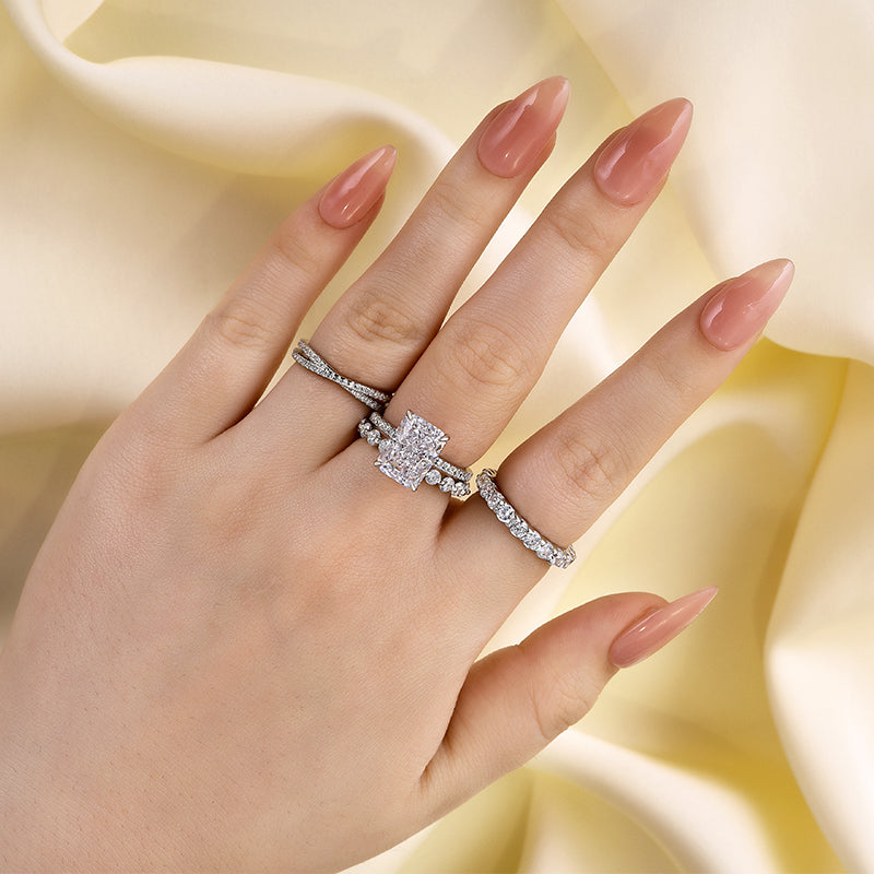 Excellent Crushed Ice Radiant Cut 4PC Wedding Ring Set
