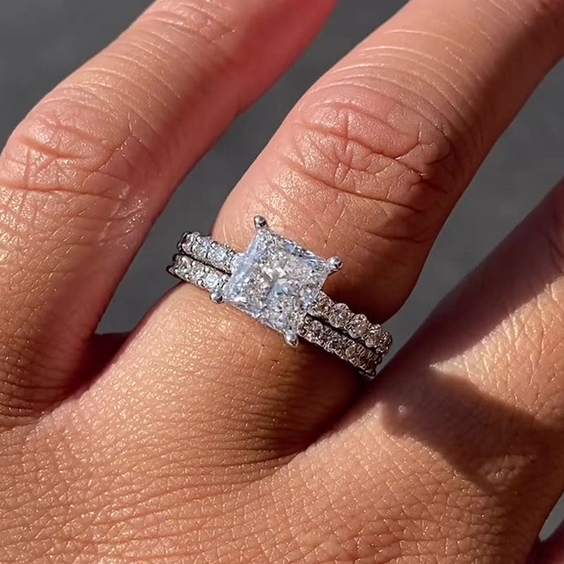 Ahabobo Timeless Square Princess Cut Wedding Ring Set For Women In Sterling Silver