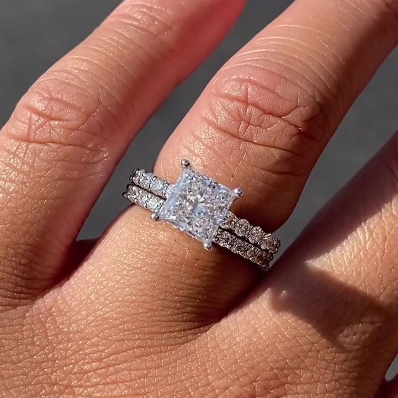 Ahabobo Timeless Square Princess Cut Wedding Ring Set For Women In Sterling Silver