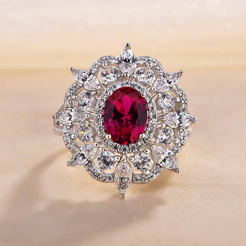 Exclusive Flower Shape 1.0 Carat Oval Cut Ruby Engagement Ring In White Gold