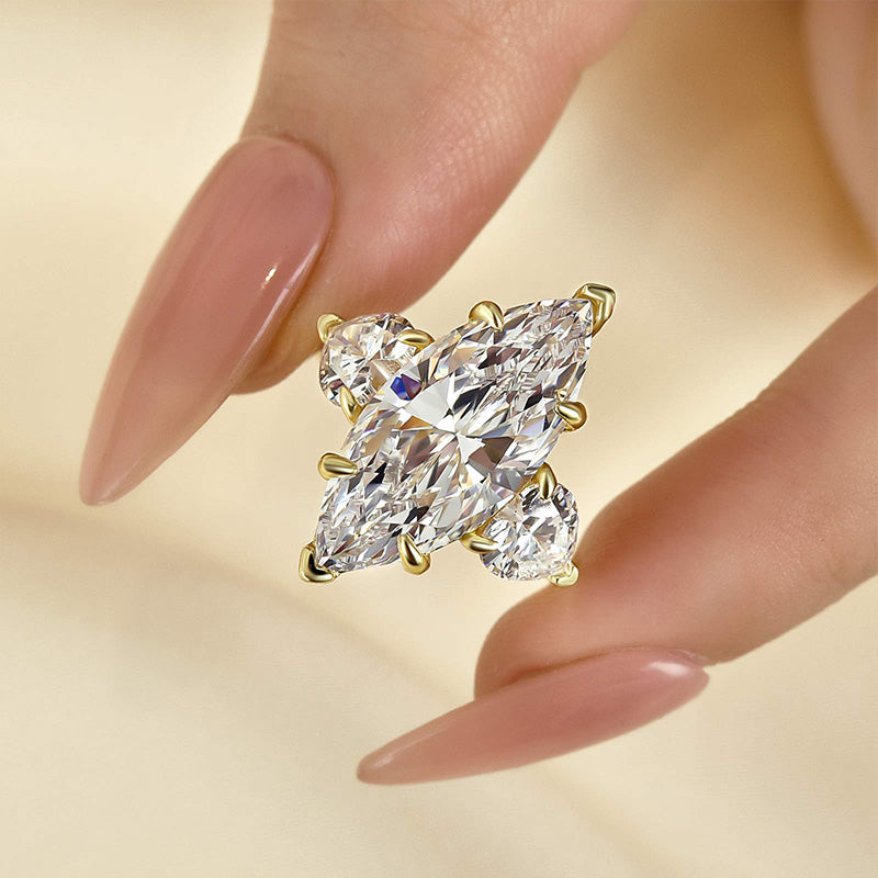 6.5Ct Marquise Cut Three Stone Yellow Gold Engagement Ring In Sterling Silver