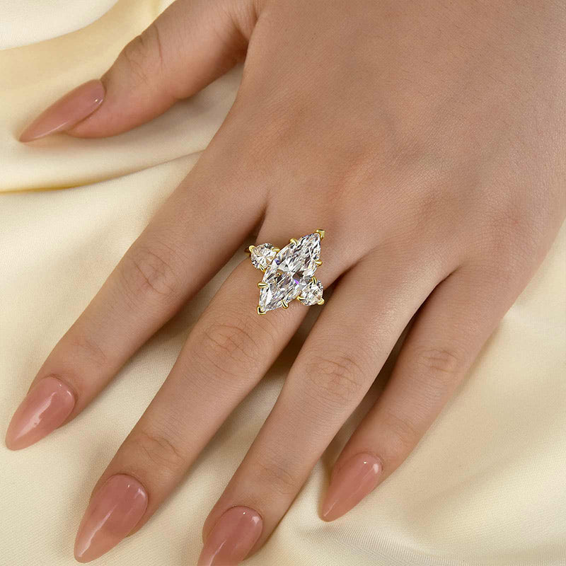 6.5Ct Marquise Cut Three Stone Yellow Gold Engagement Ring In Sterling Silver