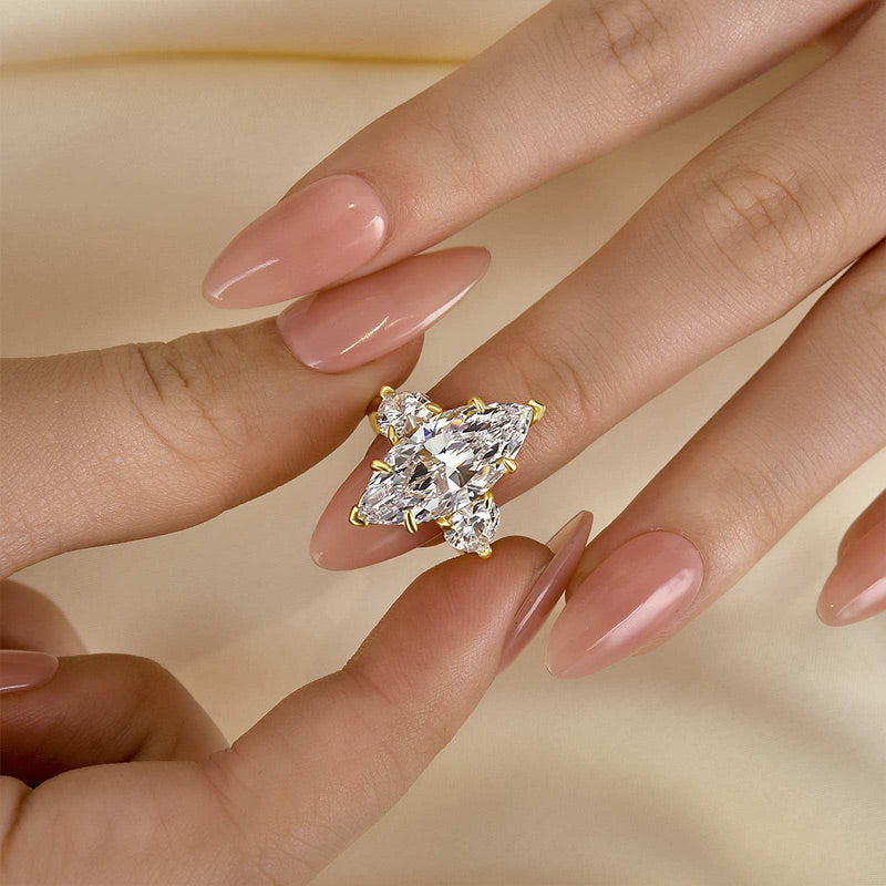 6.5Ct Marquise Cut Three Stone Yellow Gold Engagement Ring In Sterling Silver