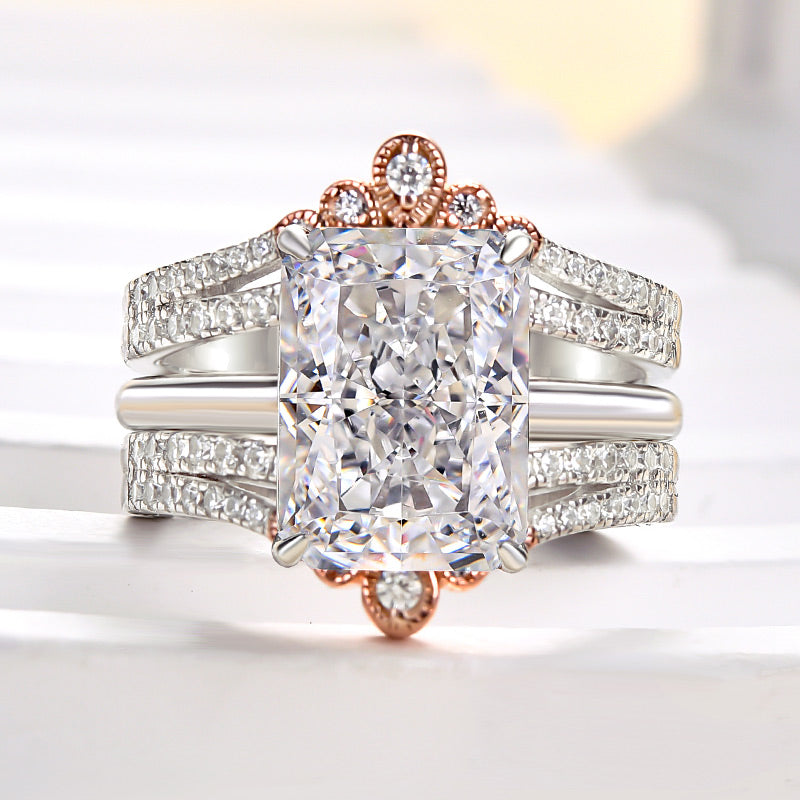 Special Two-tone Crown Design Radiant Cut Insert Wedding Ring Set
