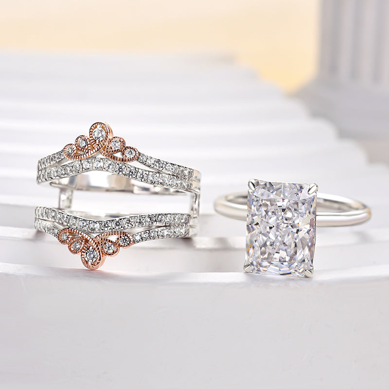 Special Two-tone Crown Design Radiant Cut Insert Wedding Ring Set