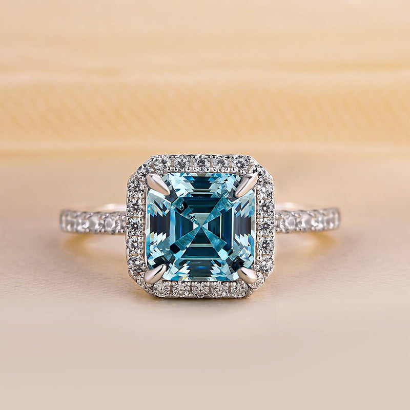 Exclusive Halo Asscher Cut Light Aquamarine Blue Engagement Ring In Sterling Silver