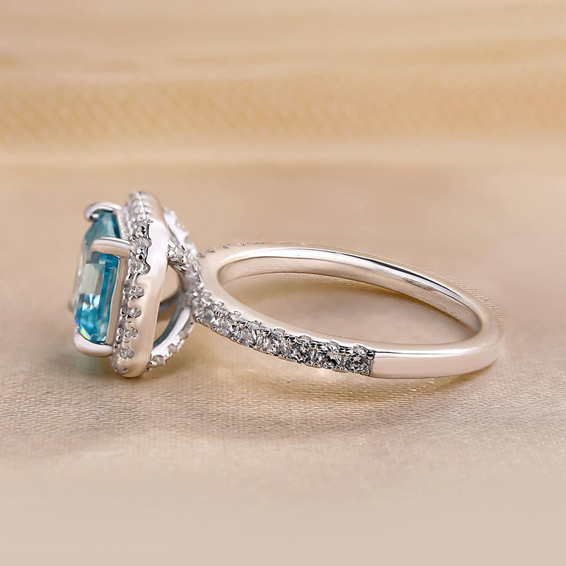 Exclusive Halo Asscher Cut Light Aquamarine Blue Engagement Ring In Sterling Silver