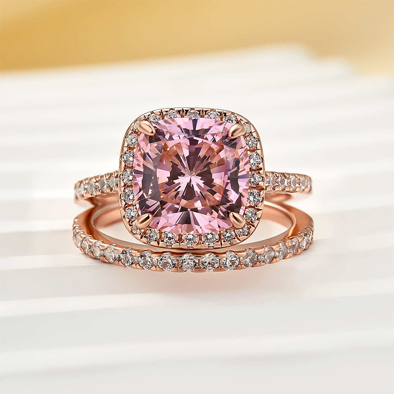 Morganite Women's Bridal Set 5.0 Carat Cushion Cut Wedding Ring Set In Sterling Silver