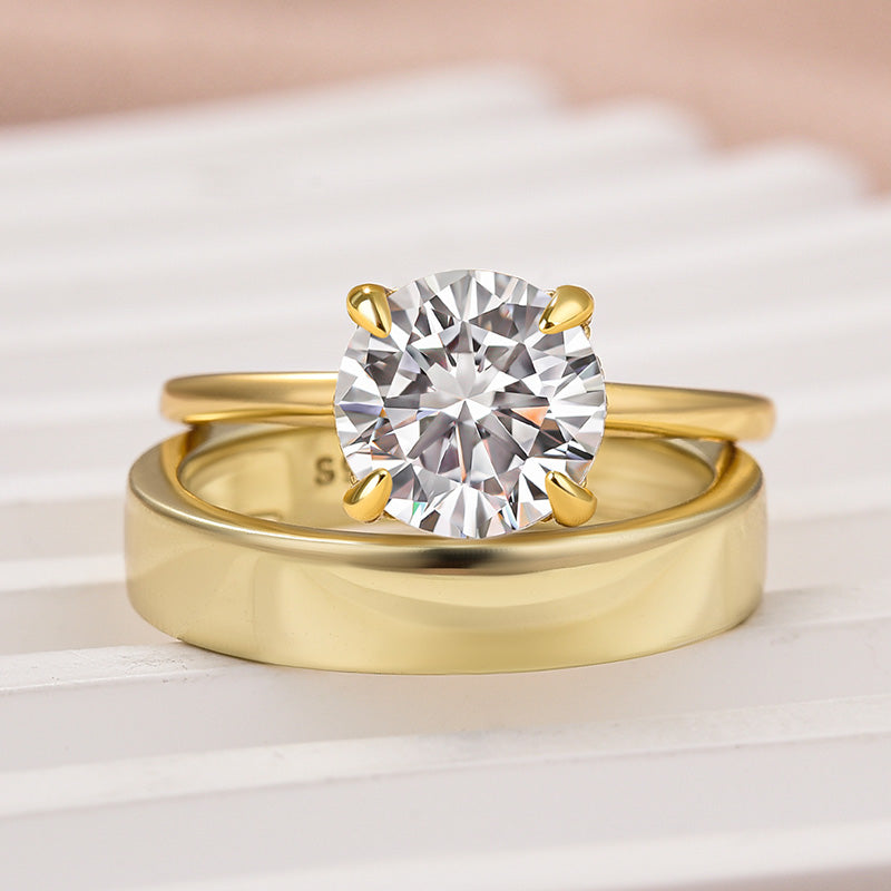 Ahabobo Moissanite 2.0 Carat Round Cut Yellow Gold Wedding Ring Set With Wide Wedding Band