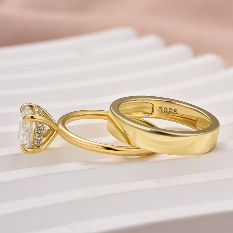 Ahabobo Moissanite 2.0 Carat Round Cut Yellow Gold Wedding Ring Set With Wide Wedding Band