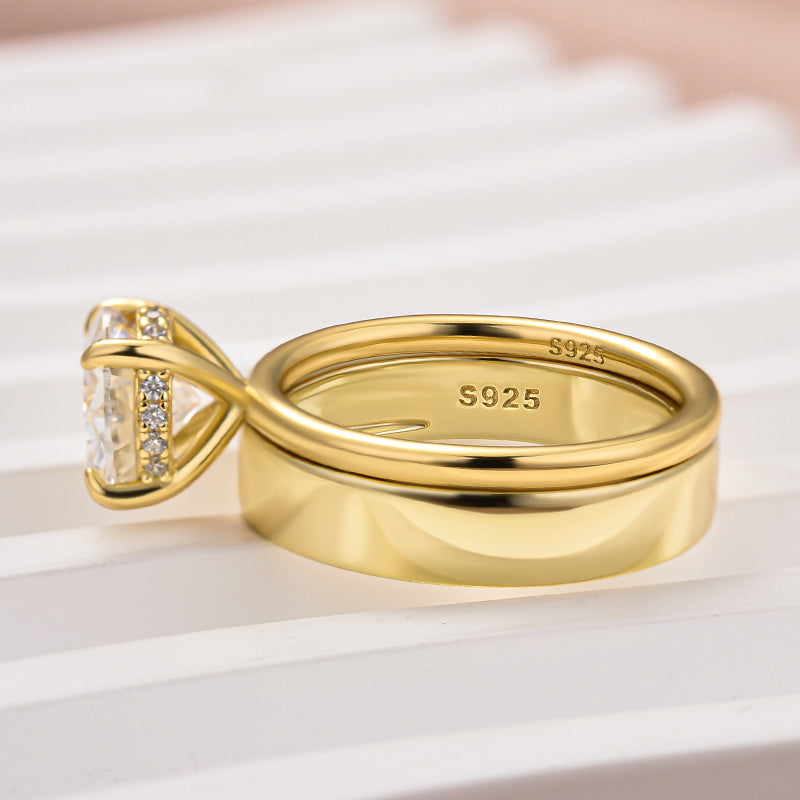 Ahabobo Moissanite 2.0 Carat Round Cut Yellow Gold Wedding Ring Set With Wide Wedding Band
